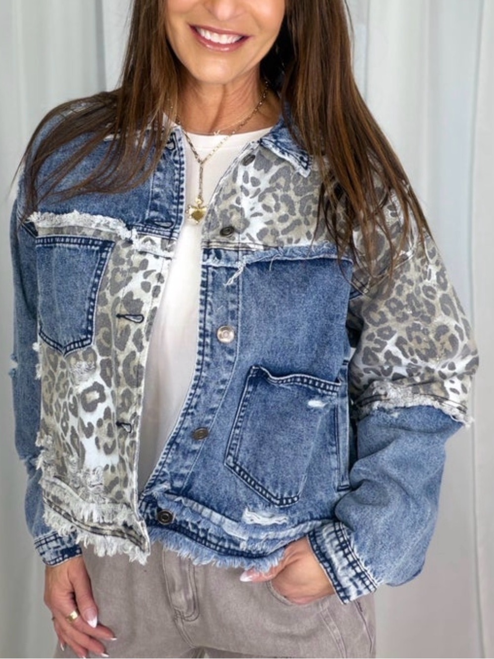 Women's Denim and Leopard Print Jacket NWT by Oli & Hali